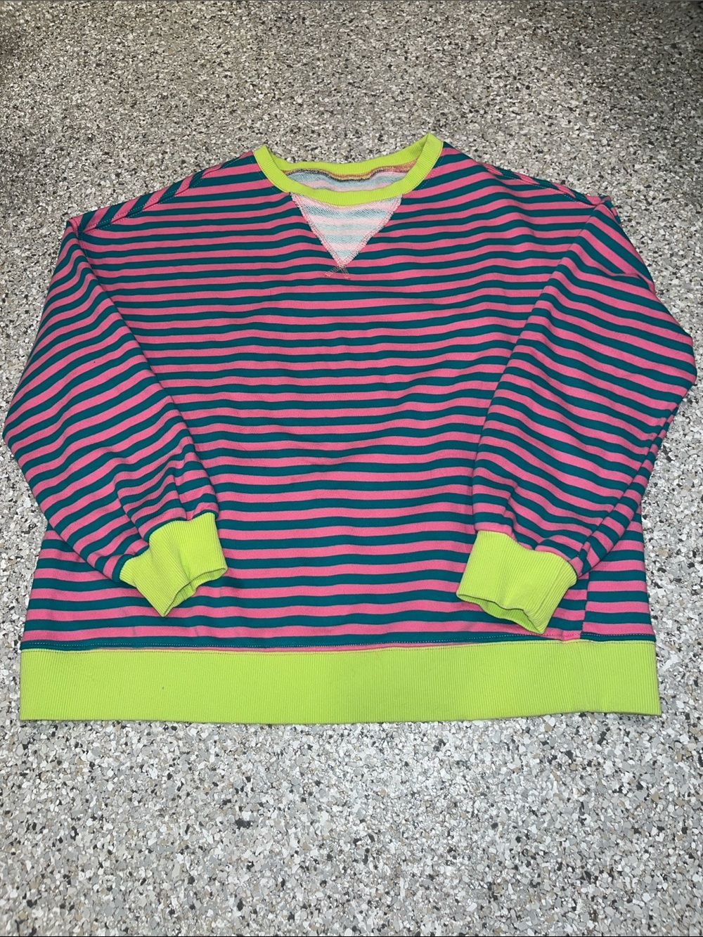 Striped Crewneck Sweatshirt in Pink and Teal with Lime Trim